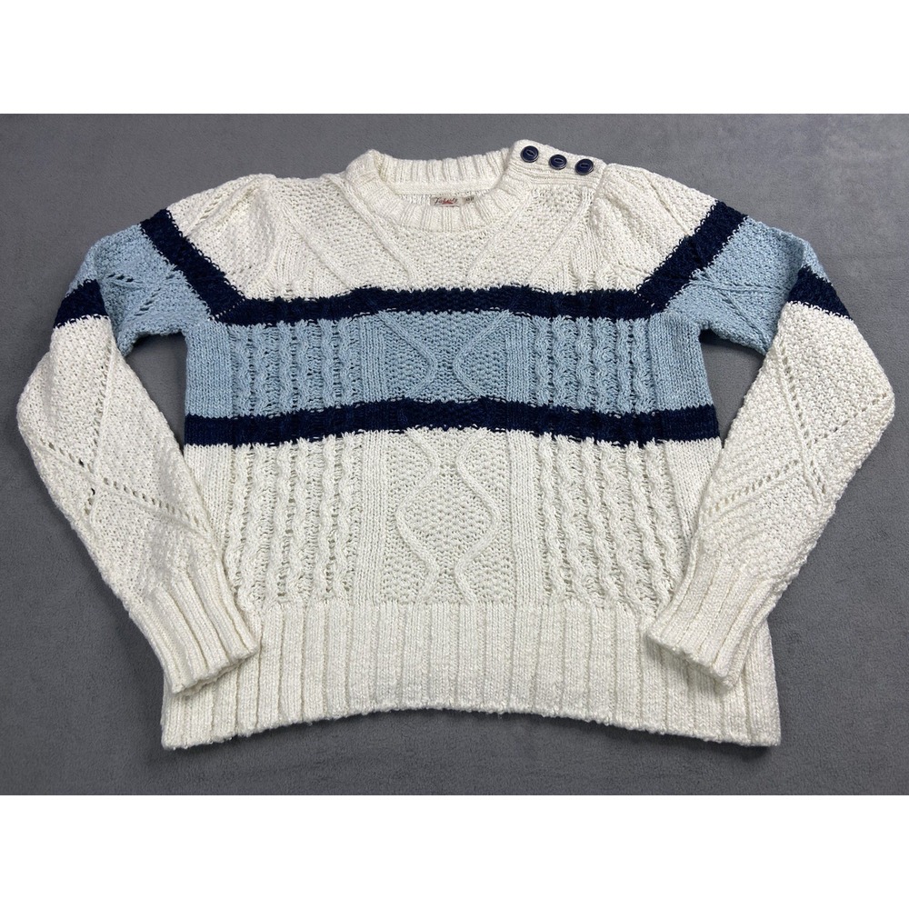 Faherty Sweater Womens XS White Blue Delilah Stripe Chunky Boho Crop Spring